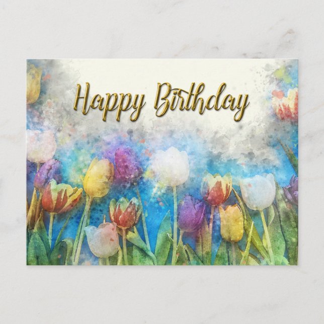 Happy Birthday Watercolor Abstract Tulip Flowers  Postcard (Front)