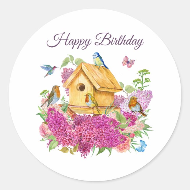 Happy Birthday Watercolor Birdhouse Lilac Flowers  Classic Round Sticker (Front)
