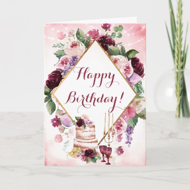 Happy Birthday Watercolor Boho Floral Wine Gold Card (Front)
