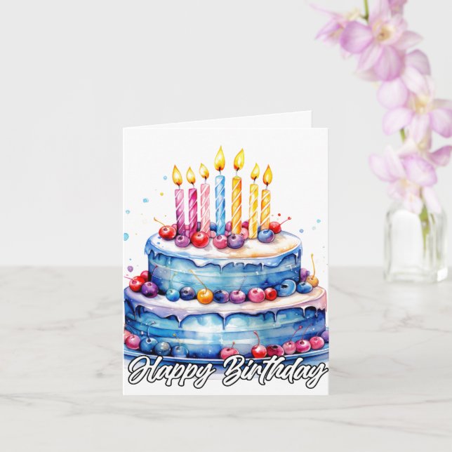 Happy Birthday Watercolor Cake Art Card (Orchid)