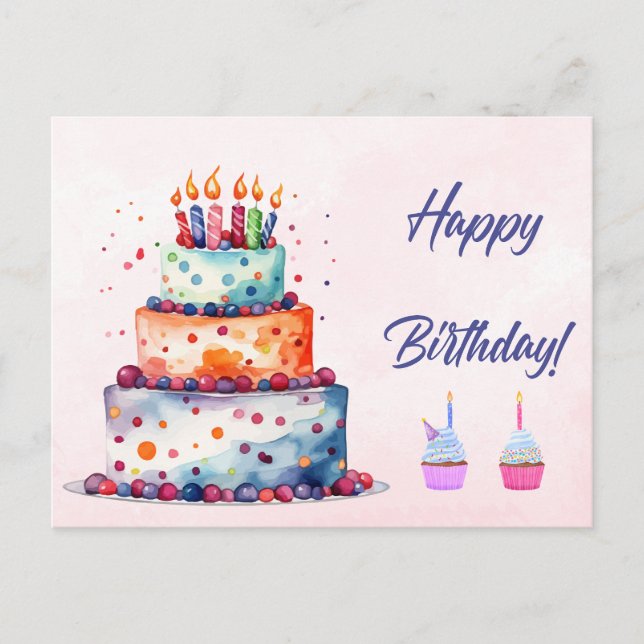 Happy Birthday Watercolor Cake with Candles Postcard (Front)