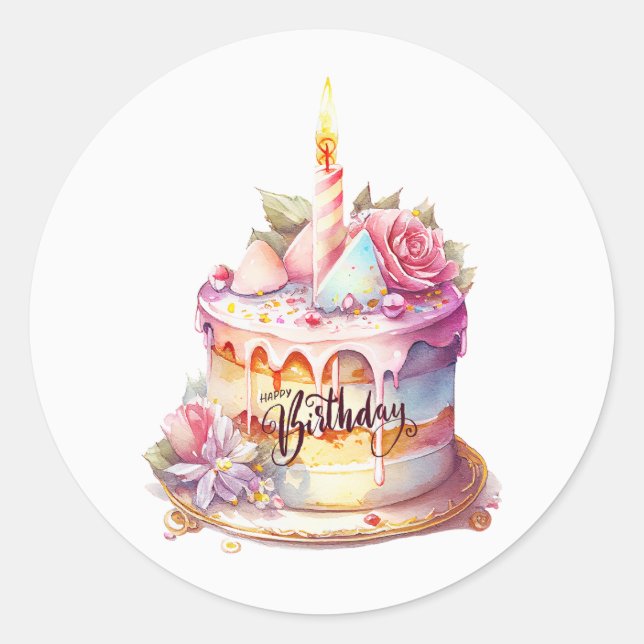 Happy Birthday Watercolor Cake with Flowers  Classic Round Sticker (Front)