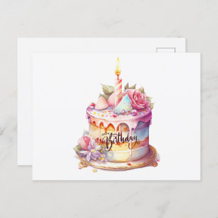 Happy Birthday Watercolor Cake with Flowers  Postcard