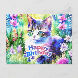Happy Birthday Watercolor Cat and Flowers Postcard