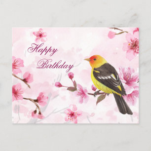Happy Birthday Watercolor Cherry Blossom & Bird  Postcard