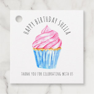 Happy birthday watercolor cupcake cute pink icing favour tags