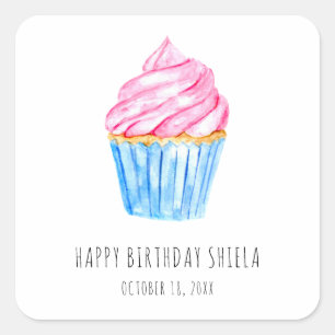 Happy Birthday Watercolor cupcake cute pink icing Square Sticker