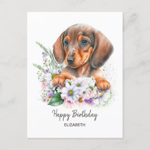 Happy Birthday Watercolor Dachshund and Florals Postcard