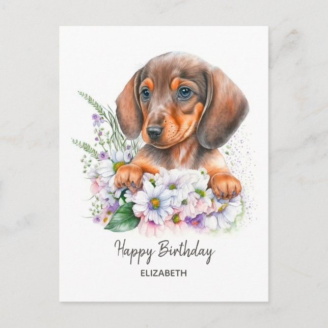 Happy Birthday | Watercolor Dachshund and Florals Postcard (Front)