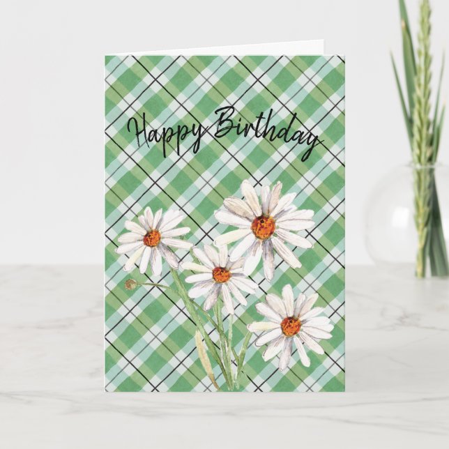 Happy Birthday Watercolor Daisy on Plaid Card (Front)