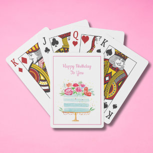 Happy Birthday Watercolor Floral Birthday Cake Playing Cards