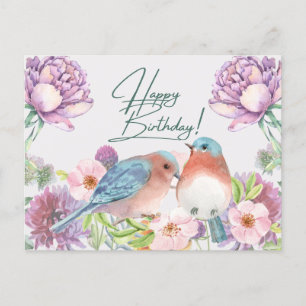 Happy Birthday Watercolor Flowers, Birds  Postcard
