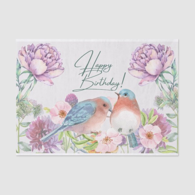 Happy Birthday Watercolor Flowers, Birds  Tissue Paper (Front)
