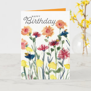 Happy Birthday Watercolor Flowers Honeybees Card