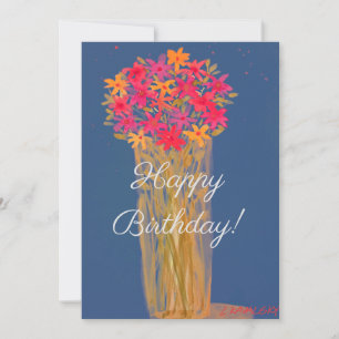 Happy Birthday Watercolor Flowers On Blue Card