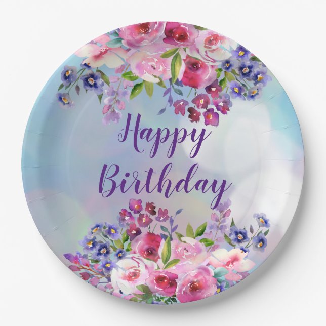 Happy Birthday Watercolor Flowers Paper Plates (Front)