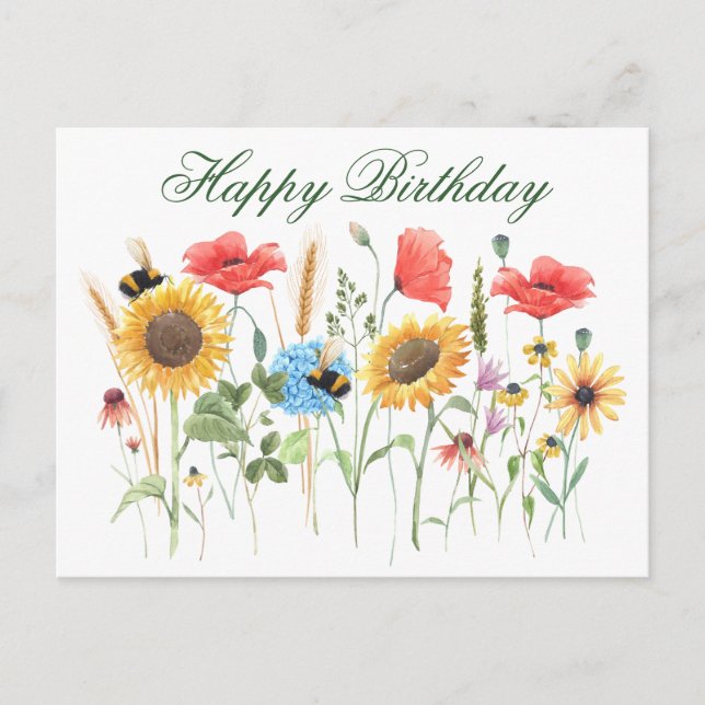Happy Birthday Watercolor Flowers  Postcard (Front)
