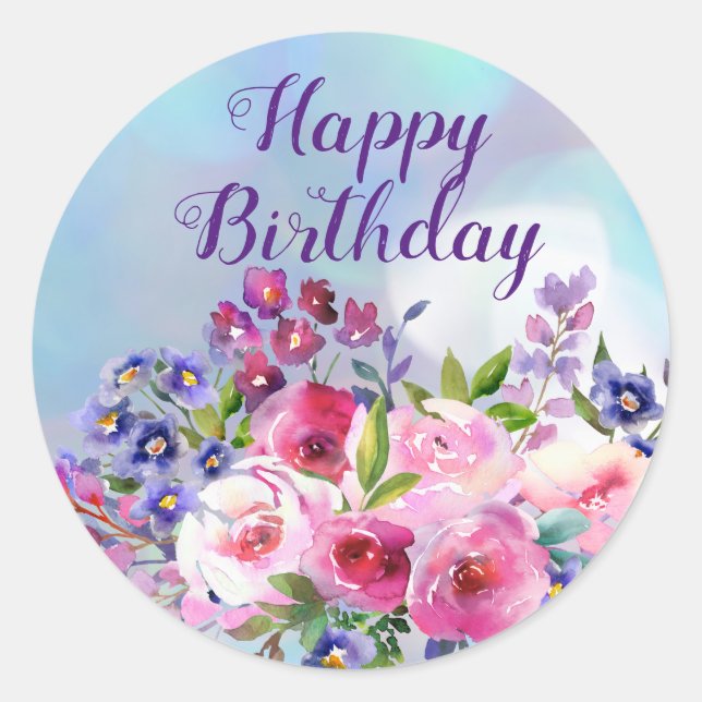 Happy Birthday Watercolor Flowers Round Stickers (Front)