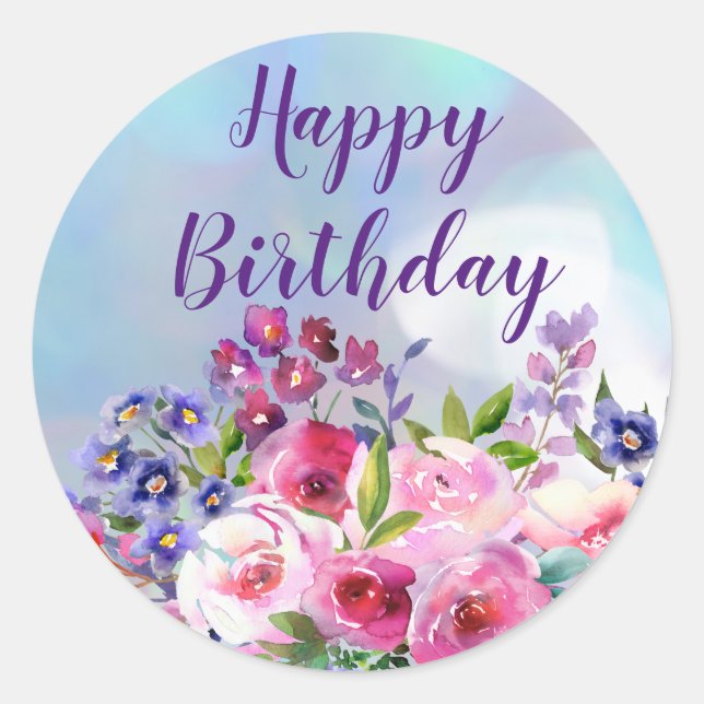 Happy Birthday Watercolor Flowers Round Stickers (Front)