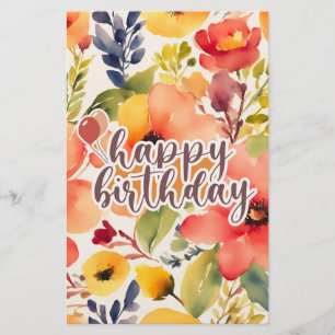 happy birthday watercolor flowers style stationery