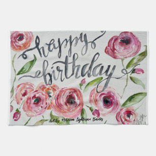 Happy Birthday Watercolor Flowers Tea Towel