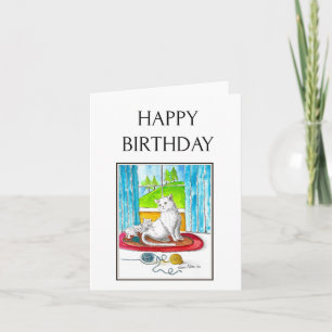 Happy Birthday, Watercolor Folk Art Cat, Kittens Card