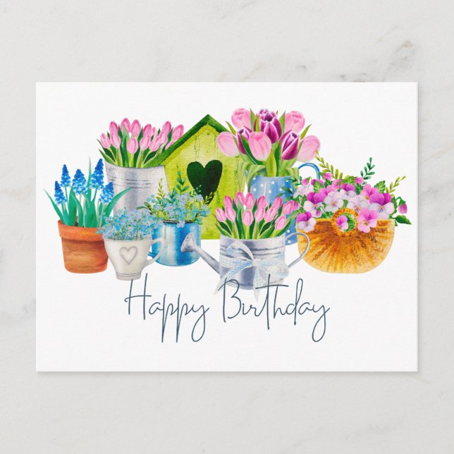 Happy Birthday Watercolor Garden Flowers - Tulips  Postcard (Front)