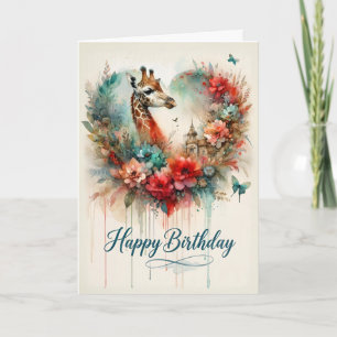 Happy Birthday Watercolor Giraffe Floral Card