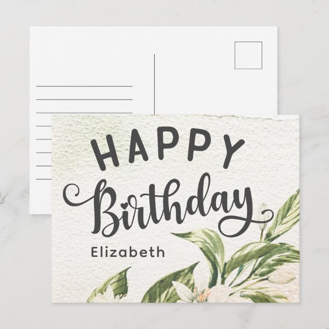 Happy Birthday Watercolor Greenery Floral Elegant Postcard (Front/Back)