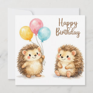 Happy Birthday Watercolor Hedgehogs with Balloons Card