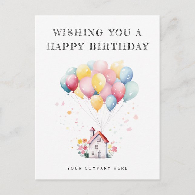 Happy Birthday Watercolor House Balloons Realty Postcard (Front)