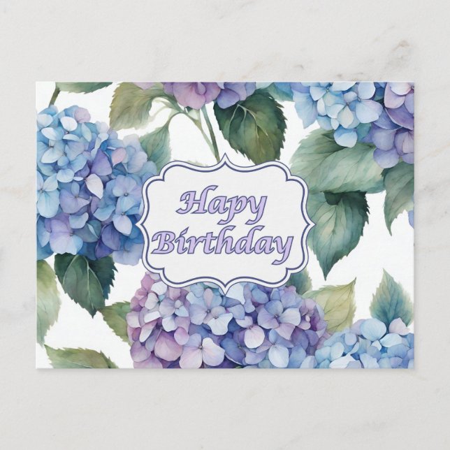 Happy Birthday Watercolor Hydrangea Flowers  Postcard (Front)