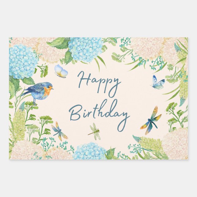 Happy Birthday Watercolor Hydrangea Flowers   Wrapping Paper Sheet (Front)