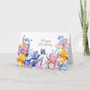Happy Birthday Watercolor Iris Flowers and Garden Card
