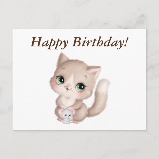 Happy Birthday Watercolor Kitten and Mouse Postcard (Front)