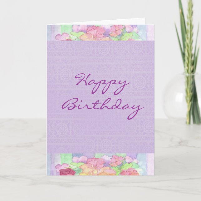 Happy Birthday Watercolor Lavender Pansy Garden Card (Front)