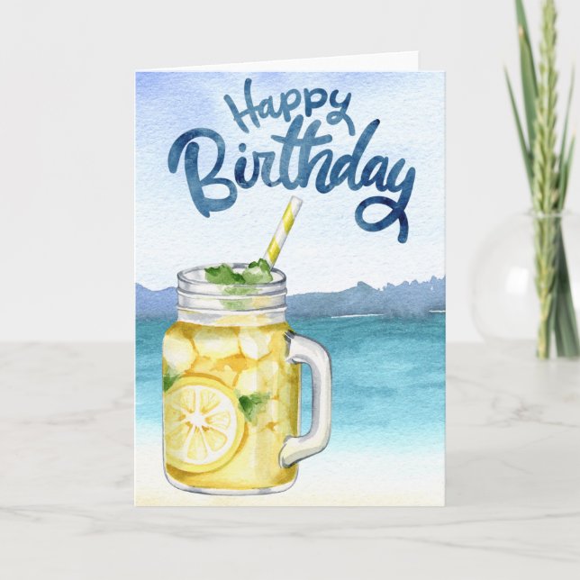 Happy Birthday Watercolor Lemonade Beach  Card (Front)