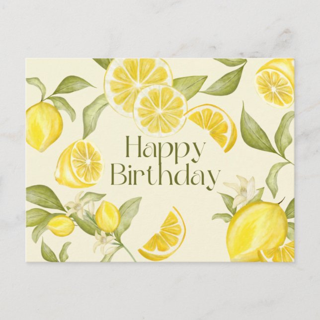 Happy Birthday Watercolor Lemons, Lemon Blossom Postcard (Front)