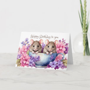 Happy Birthday Watercolor Mice in a Teacup Card