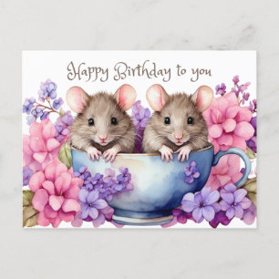 Happy Birthday Watercolor Mice in a Teacup  Postcard