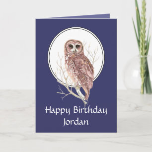 Happy Birthday Watercolor Night Owl Custom Name Card