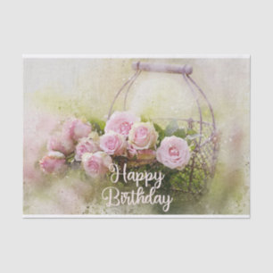 Happy Birthday Watercolor Pink Roses in a Basket Tissue Paper