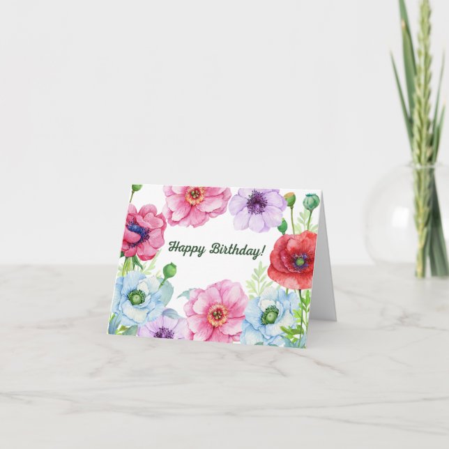 Happy Birthday Watercolor Poppy Flowers Card (Front)