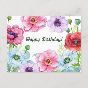 Happy Birthday Watercolor Poppy Flowers Postcard