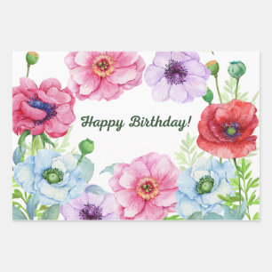 Happy Birthday Watercolor Poppy Flowers Wrapping Paper Sheet