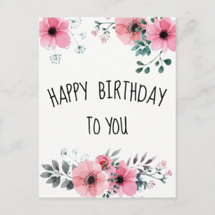 Happy Birthday Watercolor Pretty Pink Floral Postcard