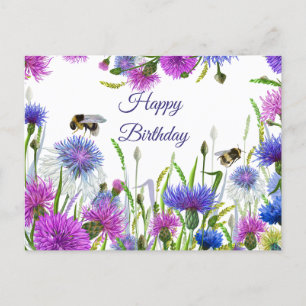 Happy Birthday Watercolor Purple, Blue Cornflowers Postcard