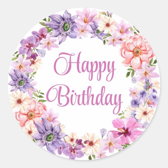 happy birthday,watercolor purple flowers stylish classic round sticker (Front)