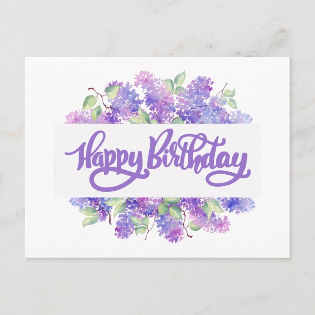 Happy Birthday Watercolor Purple Lilac Flowers  Postcard (Front)
