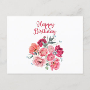 Happy Birthday Watercolor Red & Pink Flowers Postcard
